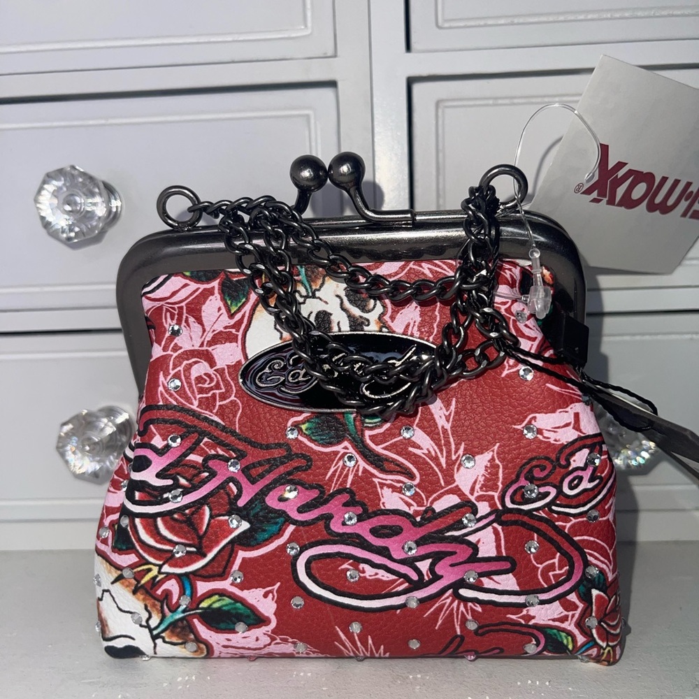 NWT Ed Hardy Floral Red Bedazzled Small bag/coin purse with Chain